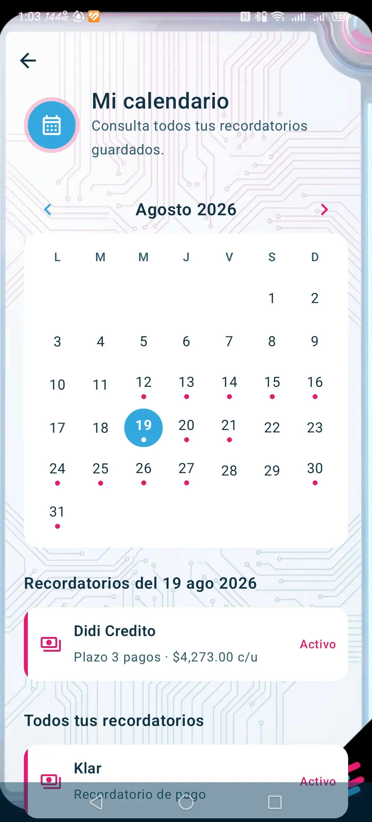 Pantalla de recordatorios de Swemind