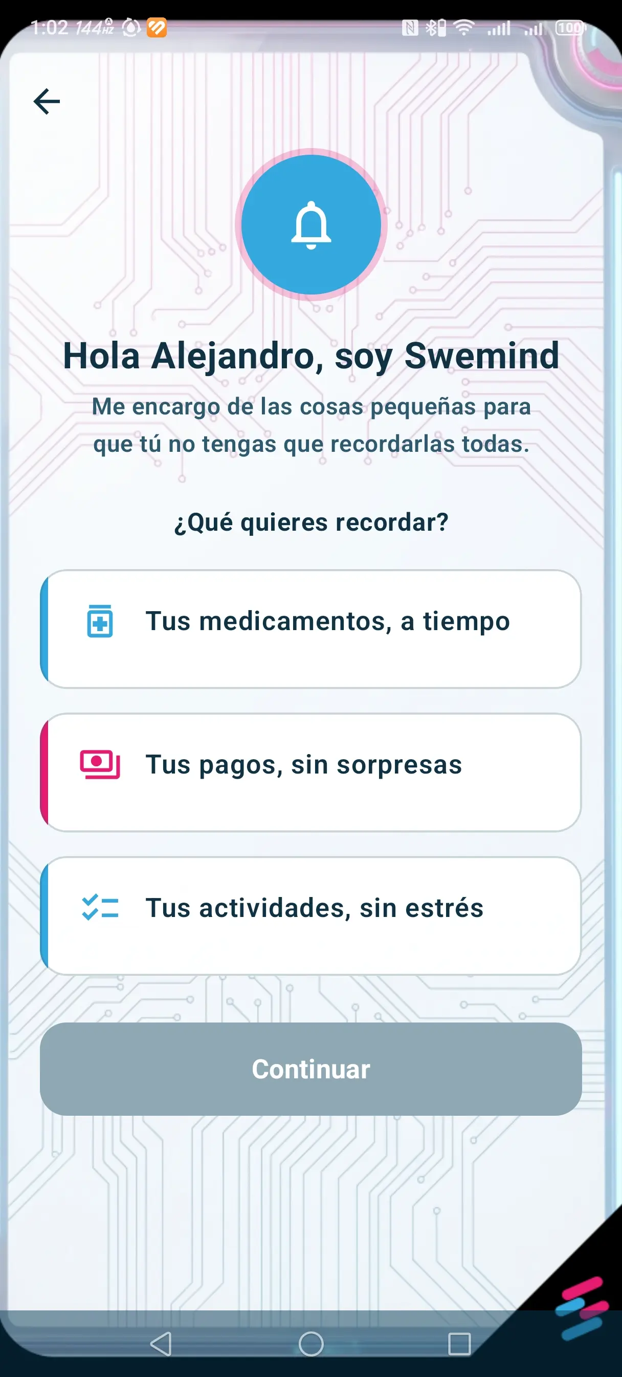 Pantalla de configuración de Swemind